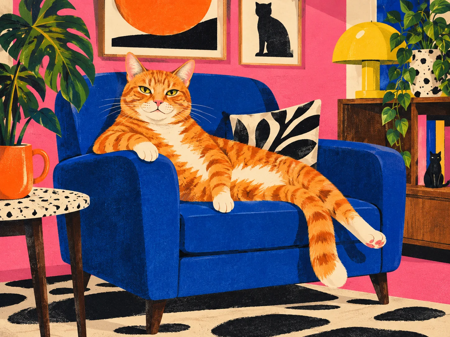 A confident orange cat lounging in a colorful room