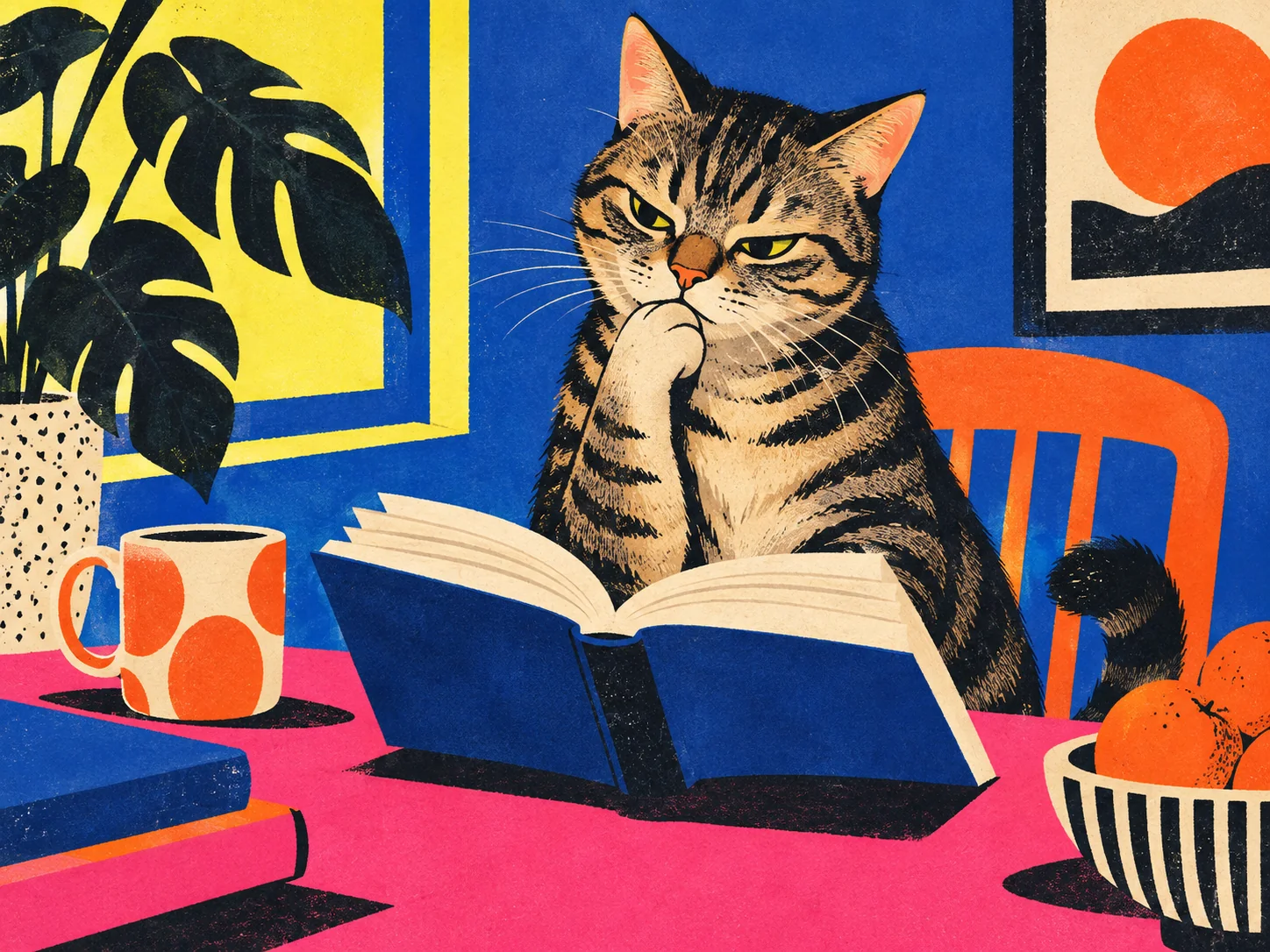 A tabby cat sitting beside an open book