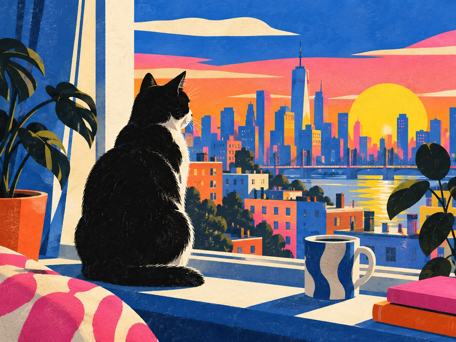 A black and white cat looking through a bright window